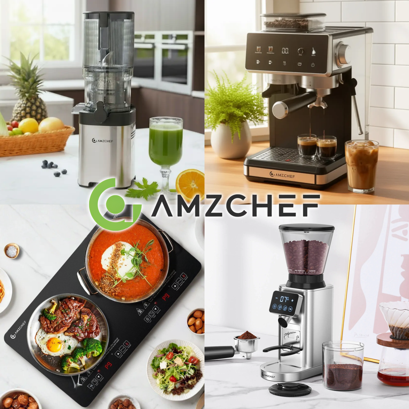 AMZCHEF kitchen appliances including juicers, coffee equipment, and cooktops