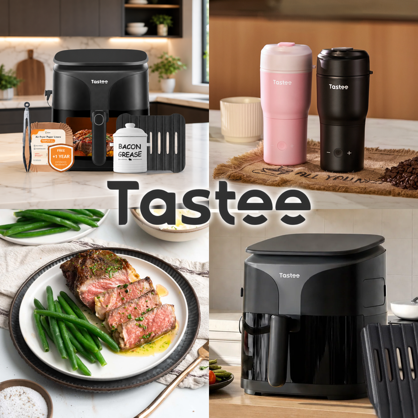 Tastee smart air fryers, travel mugs, accessories, and a freshly prepared meal