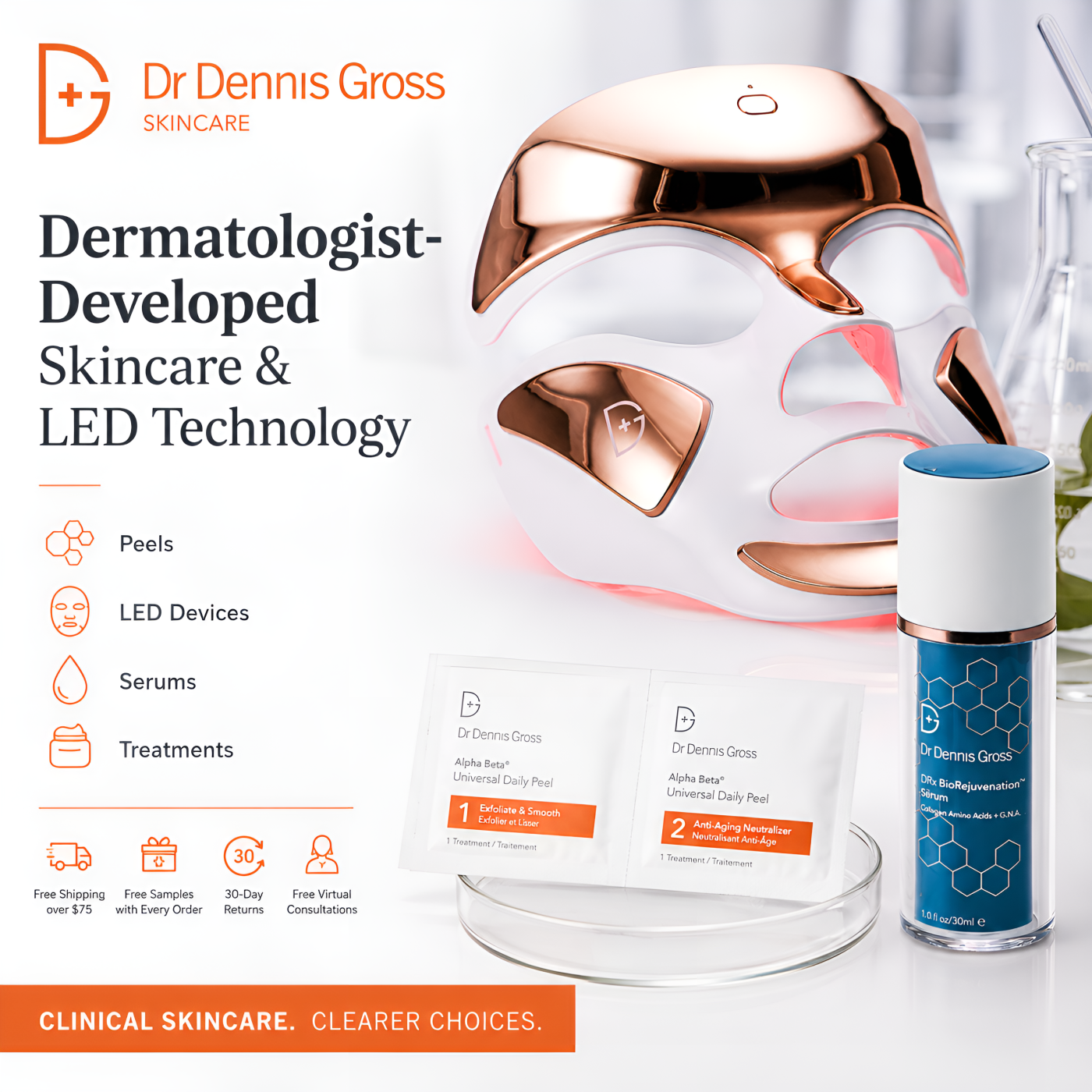 Dr. Dennis Gross LED face mask, skincare serum, and Alpha Beta peel treatments