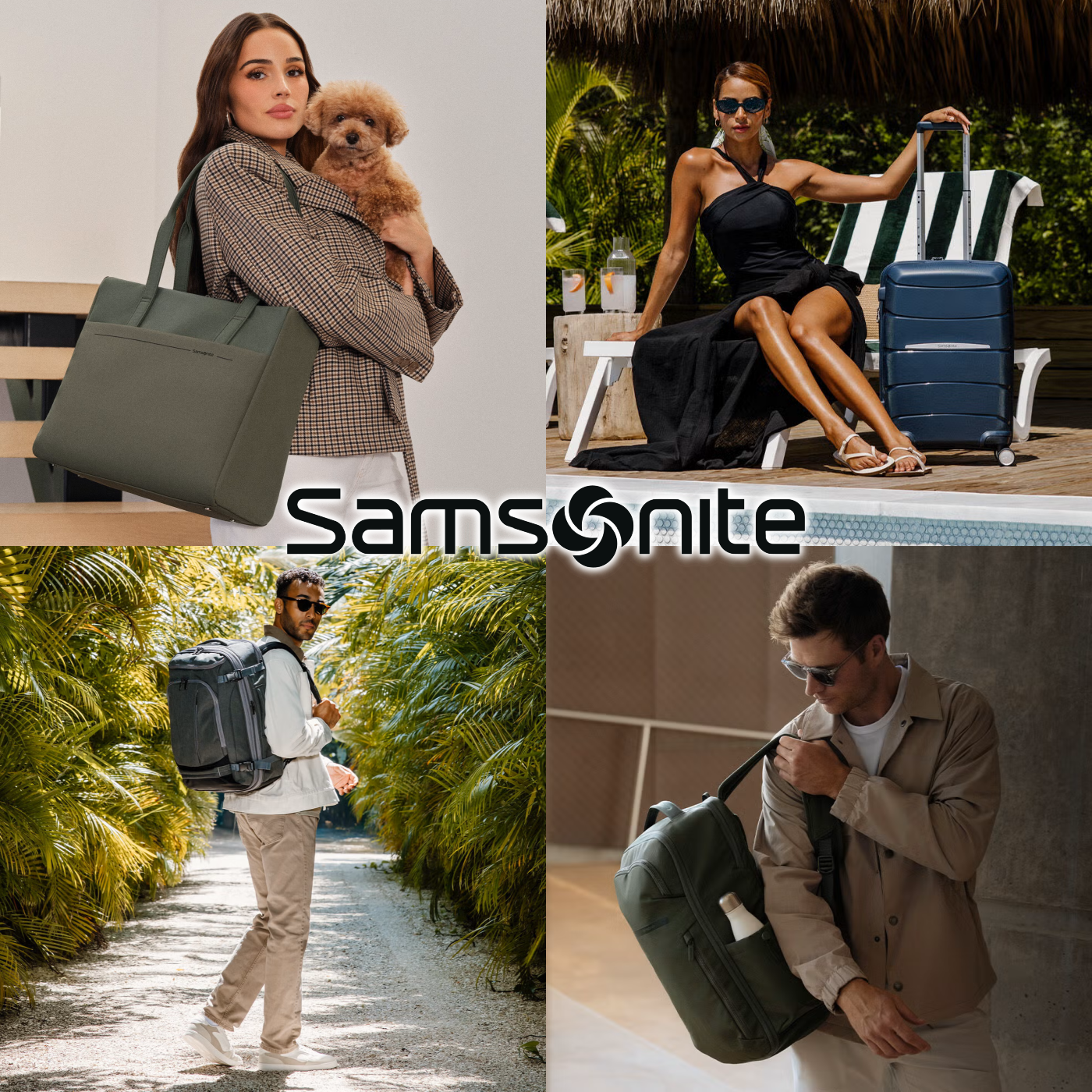 Samsonite tote, carry-on, travel backpack, and duffel bag in travel settings
