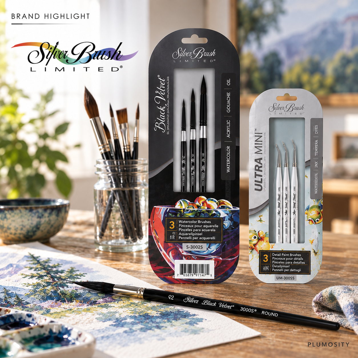 Silver Brush Black Velvet and Ultra Mini artist brush sets in a painting studio