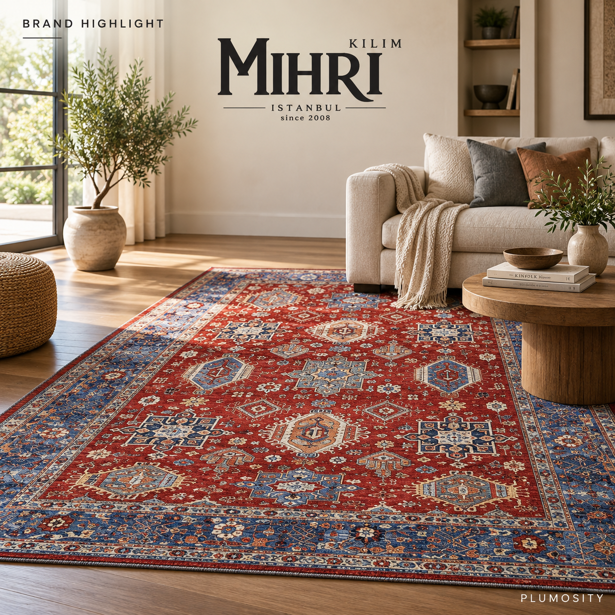 Mihrikilim Persian-style washable rug displayed in a warm, neutral living room
