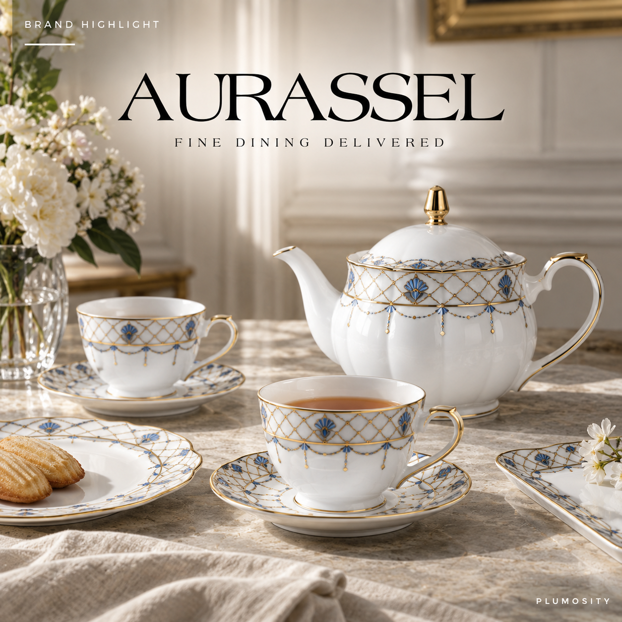 AURASSEL fine china tea service displayed in an elegant setting