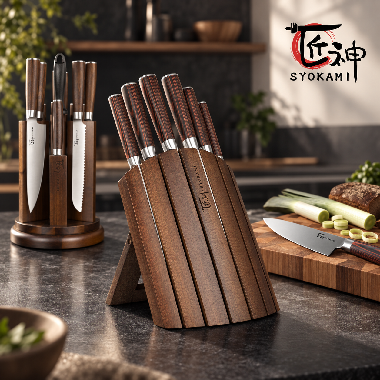 SYOKAMI Japanese-style knives in wooden blocks on a warm modern kitchen counter