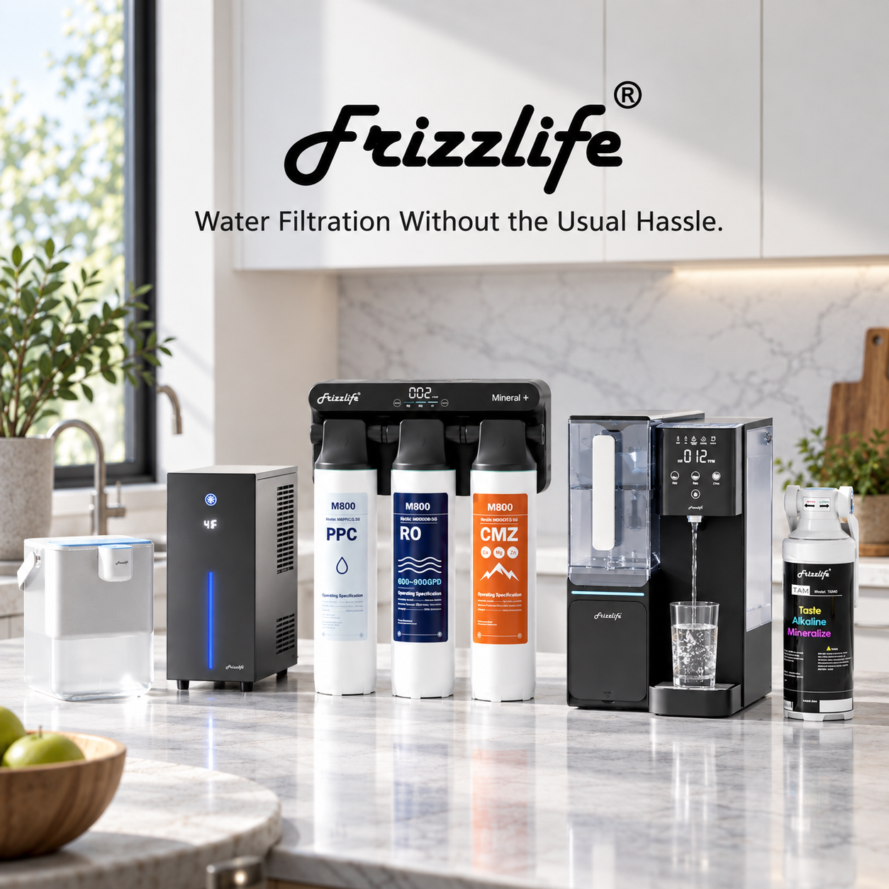 Frizzlife water filtration systems displayed on a modern kitchen counter