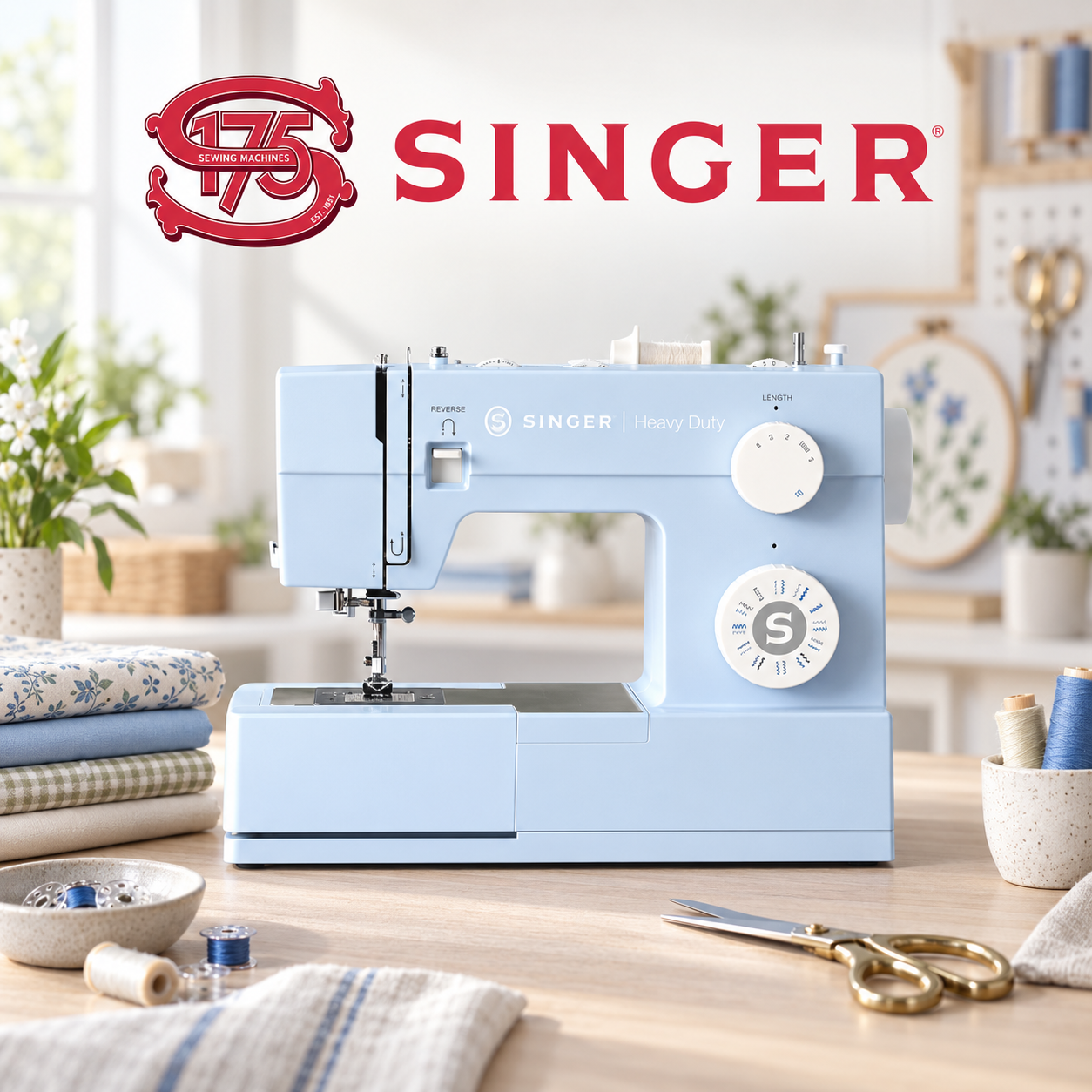 Light blue Singer Heavy Duty sewing machine in a bright studio with sewing supplies