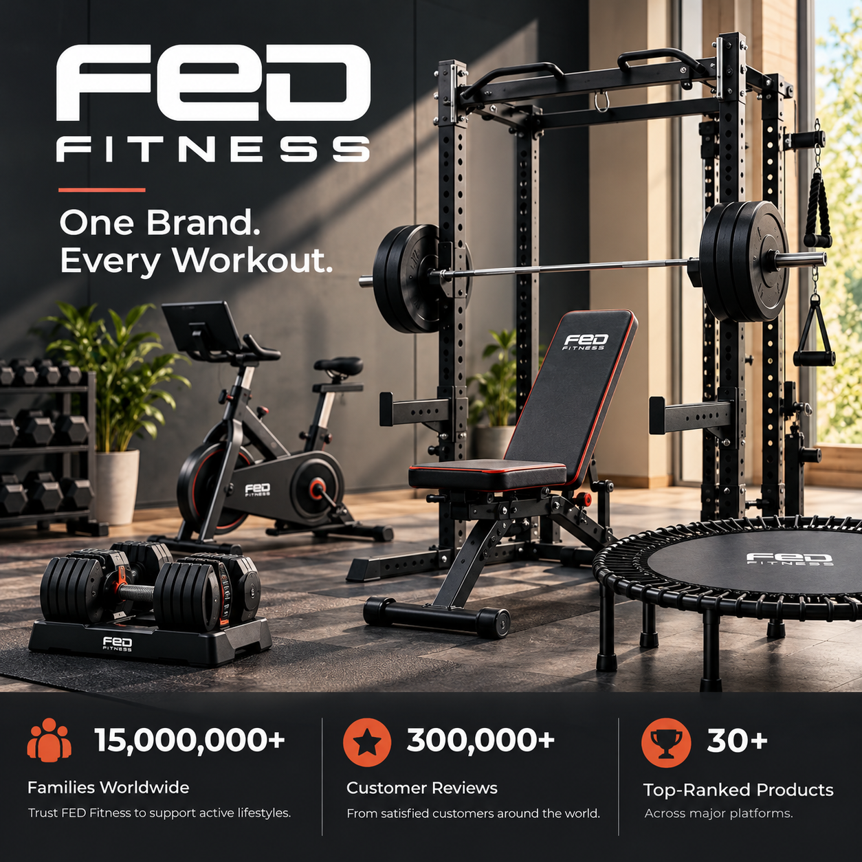 FED Fitness power rack, weight bench, exercise bike, dumbbells, and rebounder in a modern home gym
