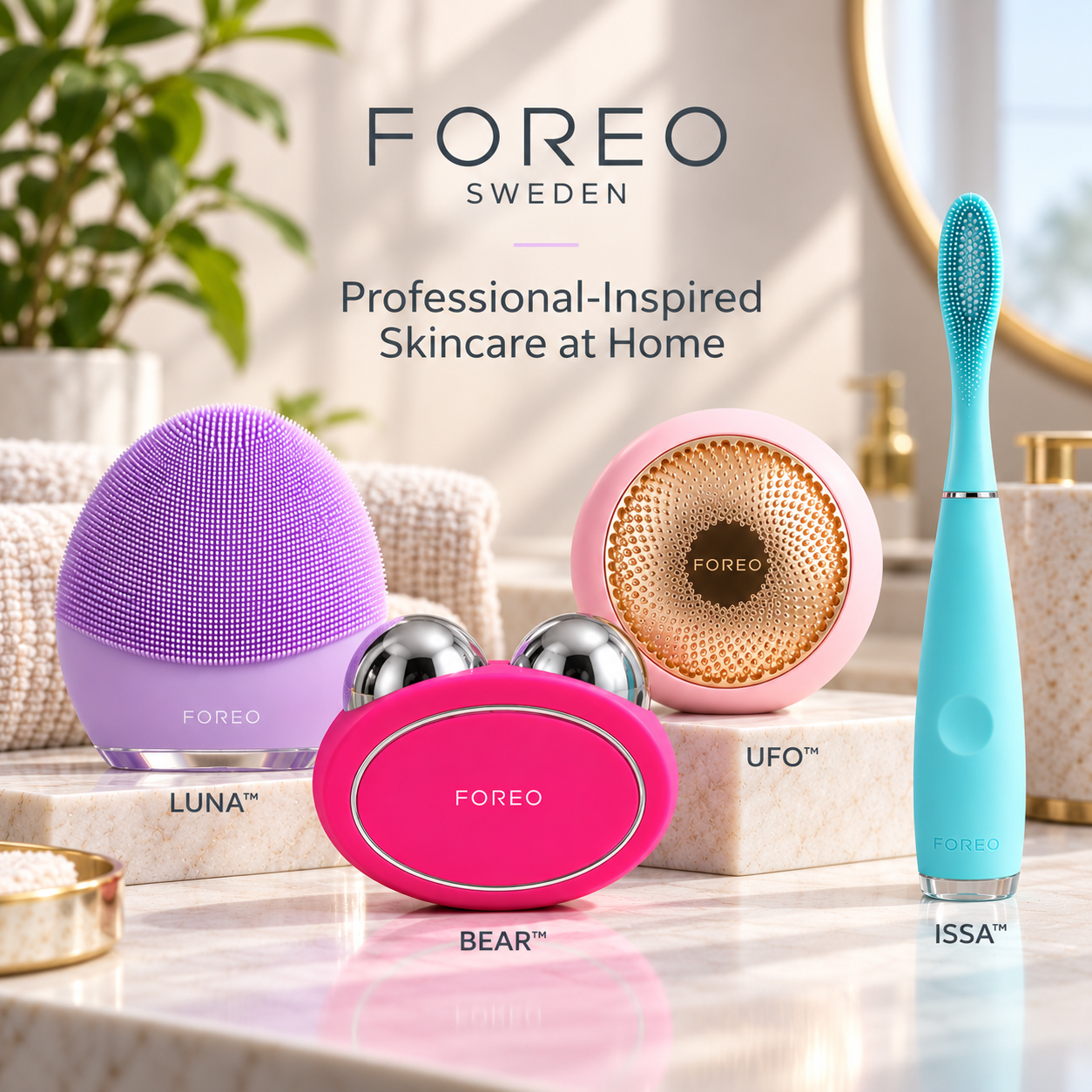 FOREO beauty-tech devices arranged in an elegant skincare setting