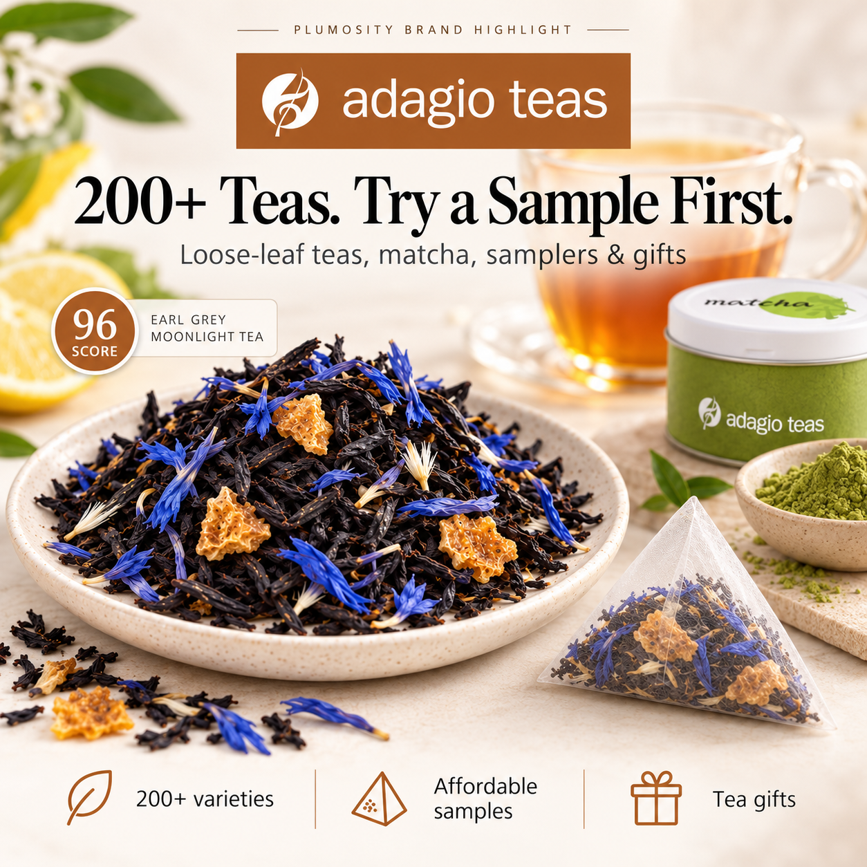 Earl Grey Moonlight loose-leaf tea, a pyramid sachet and brewed tea