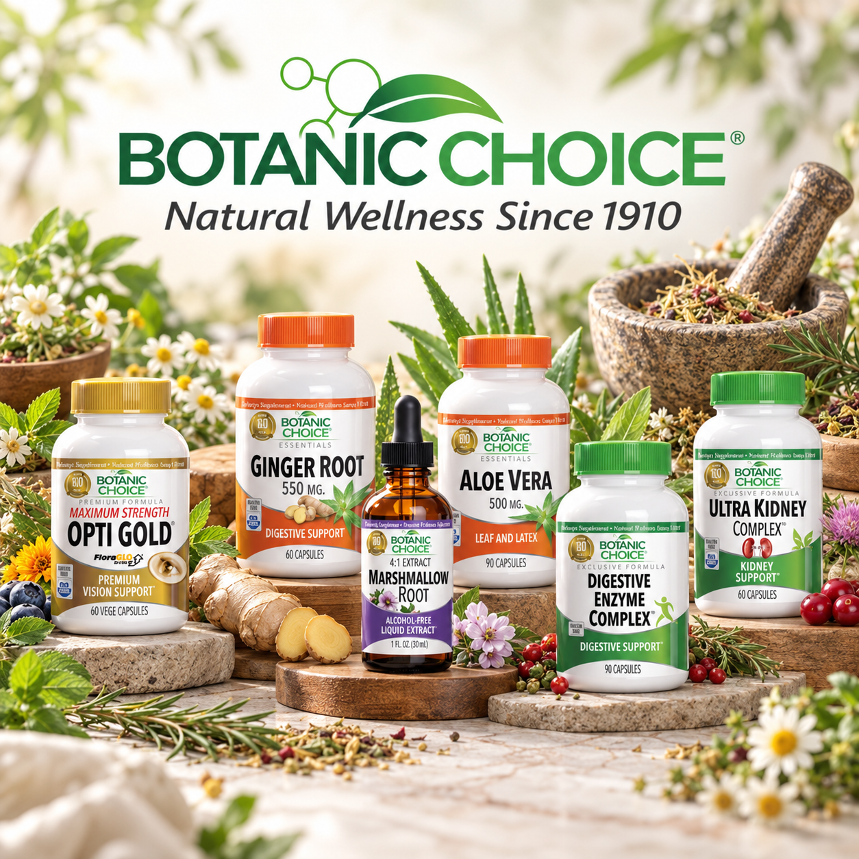 Botanic Choice supplements surrounded by botanical ingredients