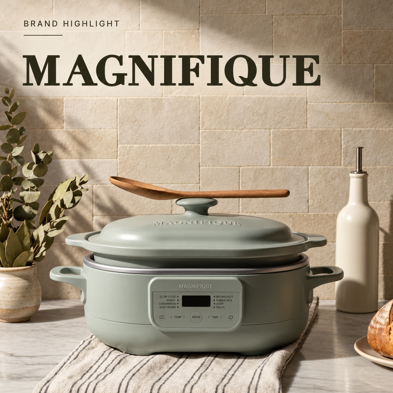Magnifique's Claypot Multi-Cooker a rustic kitchen countertop