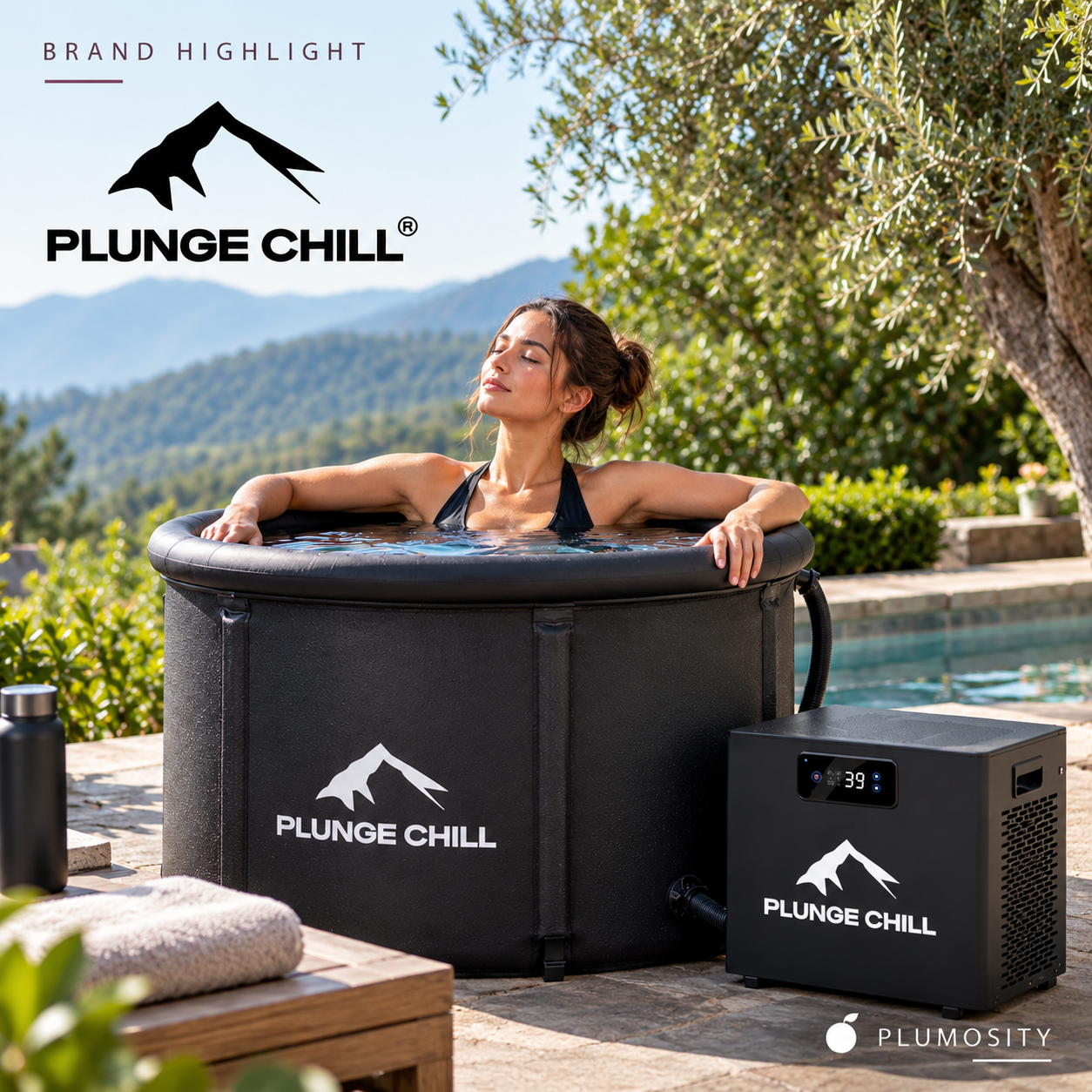 A woman relaxing in a PLUNGE CHILL tub with a matching water chiller