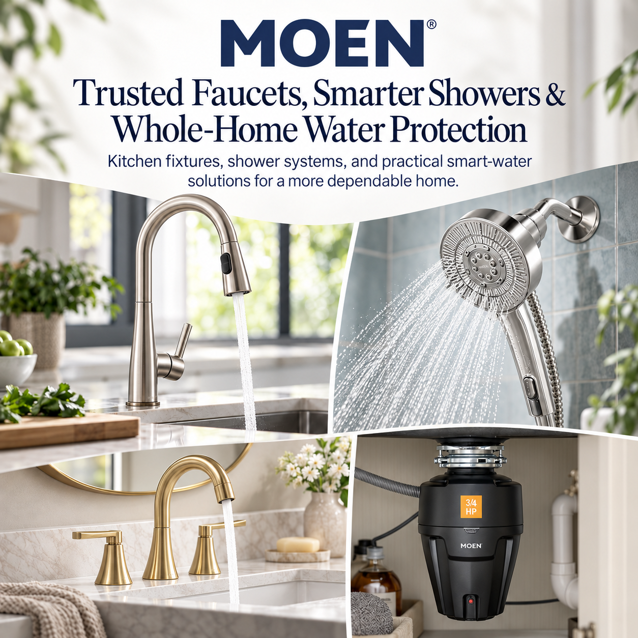 Moen kitchen faucet, handheld showerhead, bathroom faucet, and garbage disposal