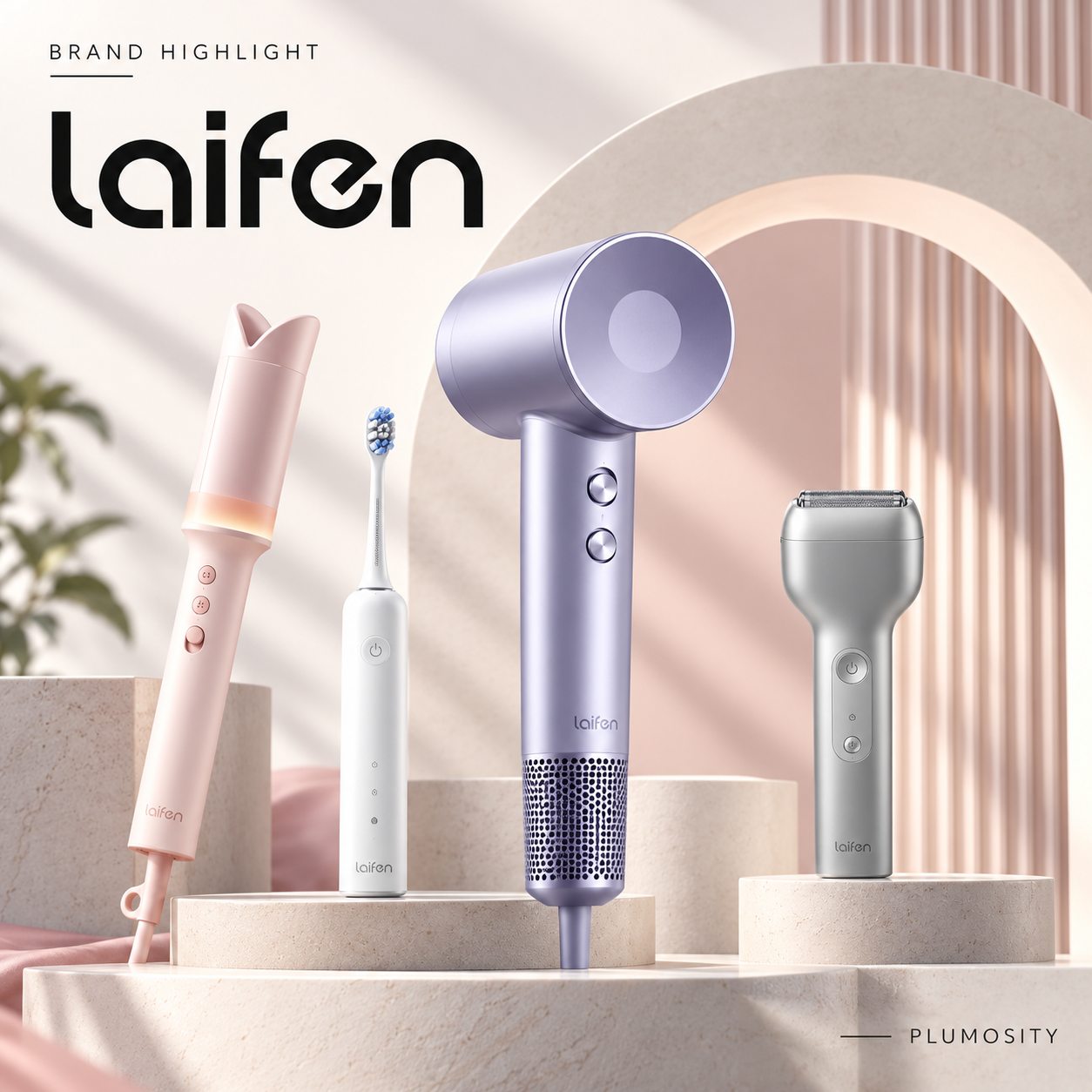 Laifen's lavender high-speed hair dryer, electric toothbrush, silver shaver, and pink AutoCurl curling iron