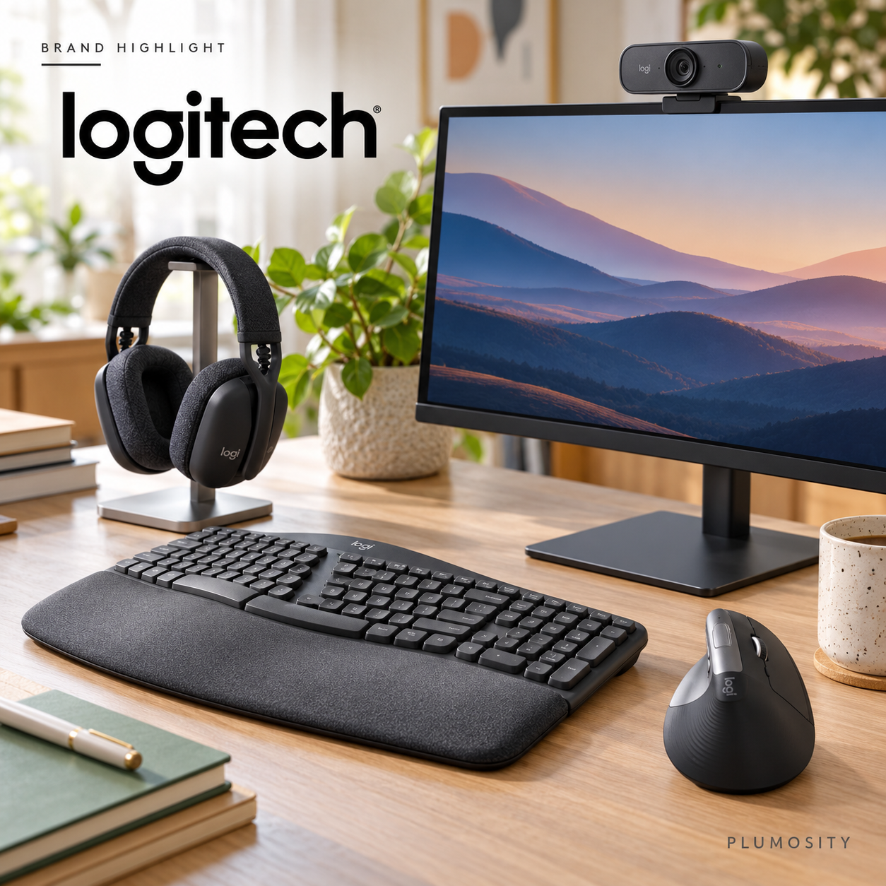 Logitech keyboard, mouse, webcam, and headphones arranged in a home office