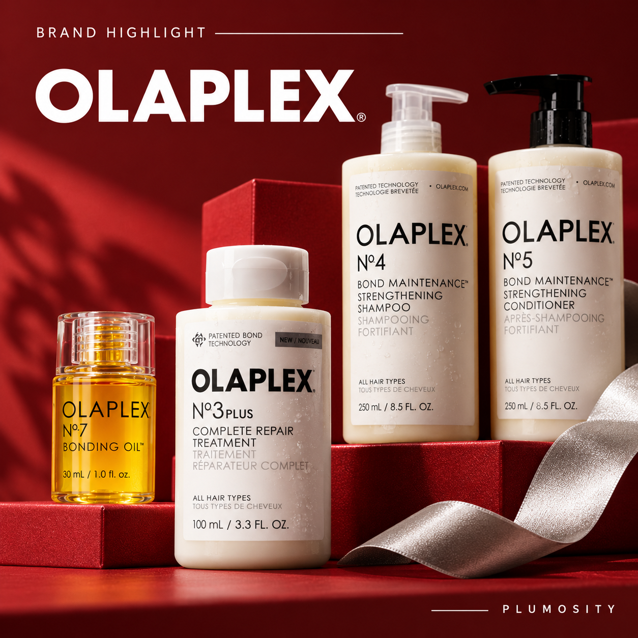 OLAPLEX bond-repair treatment, shampoo, conditioner, and bonding oil