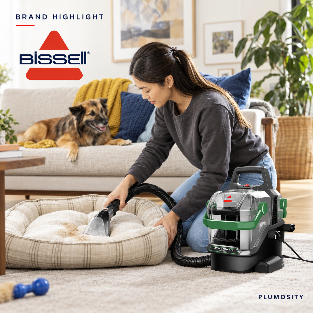BISSELL Little Green Pet Pro portable cleaner being used on a pet bed