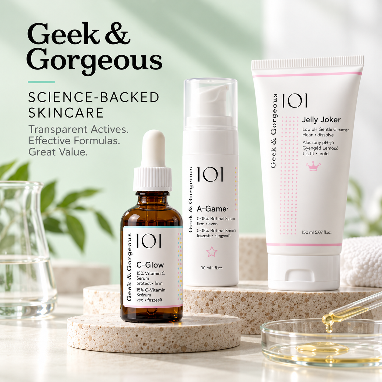 Geek & Gorgeous' C-Glow vitamin C serum, A-Game retinal serum, and Jelly Joker